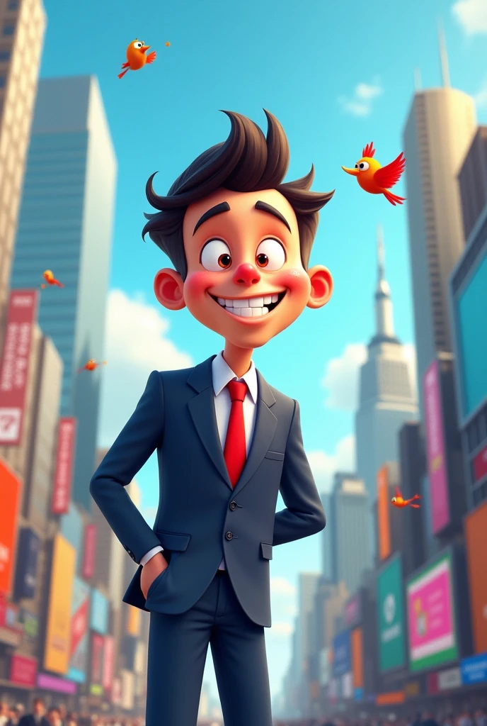 A cartoon businessman sending a kiss to the right.