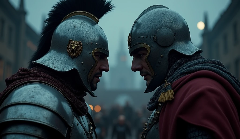 A highly realistic, high-contrast, 8K HD, detailed, hyper-detailed image depicting an intense standoff between the protagonist and the enemy general from the Lion army, set under the cover of night. The protagonist, a Crusader knight, is not wearing a helmet, revealing his determined and fierce expression as he faces his foe. The enemy general, clad in steel armor with a lion emblem and a helmet fully covering his face, stands directly opposite the protagonist, their faces inches apart in a tense and powerful confrontation. The scene is dimly lit by the faint light of the moon and stars, casting deep shadows and adding to the intensity of the moment. The atmosphere is charged with anticipation, as both warriors prepare for battle. The dramatic lighting highlights the detailed armor and the intense emotions of the scene, with the two figures locked in a moment of high tension. The image is of the highest quality, with ultra-high resolution, RAW photo quality, and Unreal Engine rendering, capturing the dramatic face-off between the protagonist and the enemy general under the night sky.
