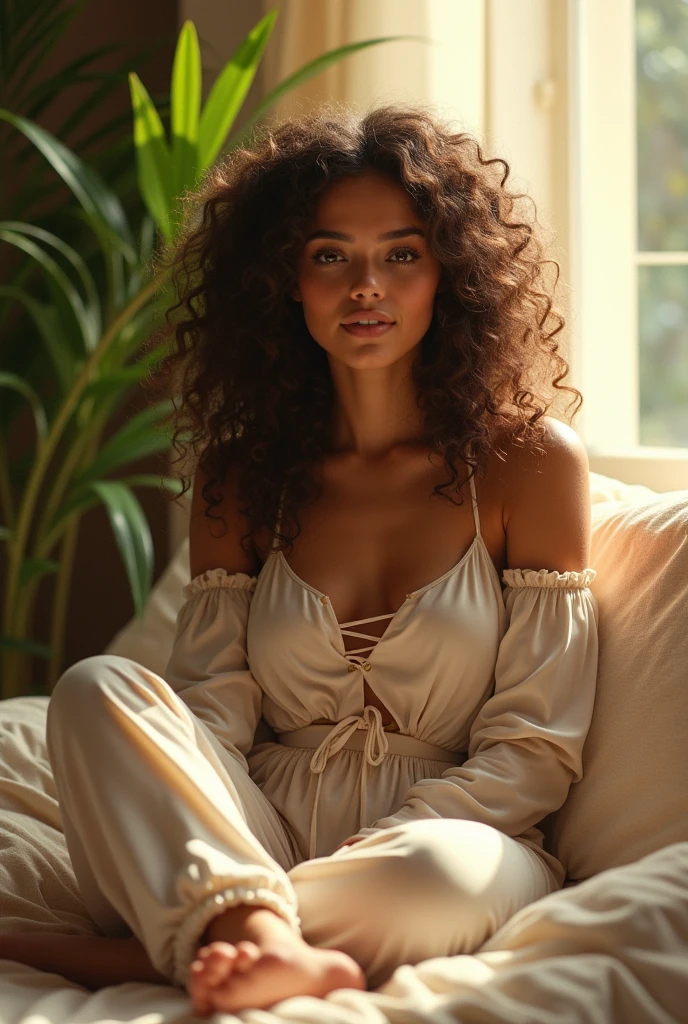 (photorealism:1.2), beautiful woman, sitting on bed, wearing loose off-shoulder top, pajama pants, long curly hair, indoors, soft lighting, plants in background, window with sunlight, cozy room, relaxed pose, realistic, intricate details, warm colors, by Greg Rutkowski, by Alphonse Mucha