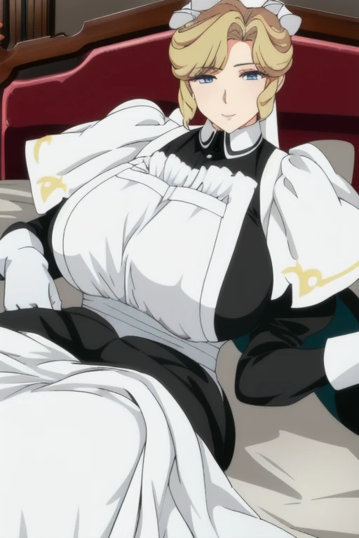 Maria_VM, huge_breasts, standing, solo, VIctorian_Maid_Uniform, masterpiece, best quality, detailed face, detailed eyes, highres, white gloves, long skirt, leaning back, posing, laying down, bed, bedroom