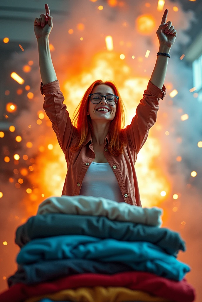 one pretty woman, Redhead with straight hair, wearing glasses in a victory pose over a stack of neatly organized and folded clothes with an explosion in the background.