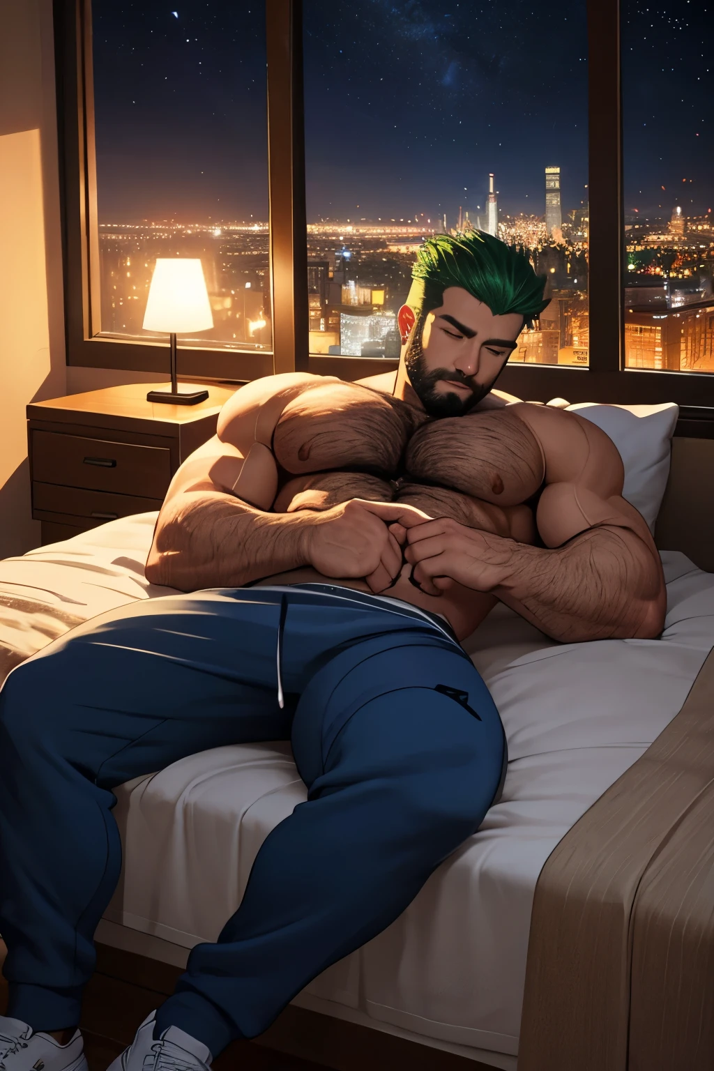 green hair ,white handsome man, 30 years old, (wearing blue sweatpants), hairy, stubble beard, robust, hunky, stocky, lying down sleeping in bed, detailed, masculine, daddy,  bedroom with table light, window with city in the background, starry night,(best quality, 4k, 8k, high resolution, masterpiece: 1.2), detailed facial features