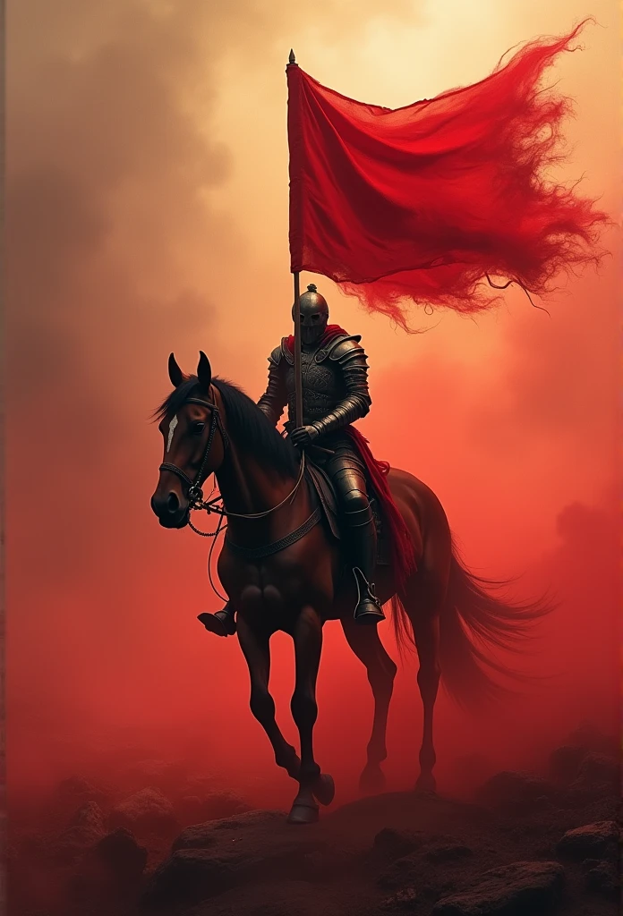 there is a man riding a horse with a flag on it, a digital painting by Anna Füssli, shutterstock contest winner, romanticism, red fog, red mist, sergey zabelin, zdzislaw beksisnski, atmospheric. digital painting, undead winged hussar, sergey kolesov, blood and dust in the air