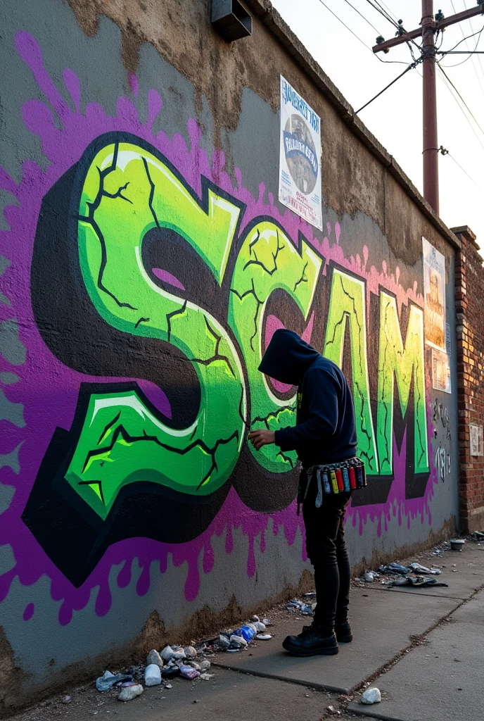 Create a graffiti on a wall with the word 'scam'