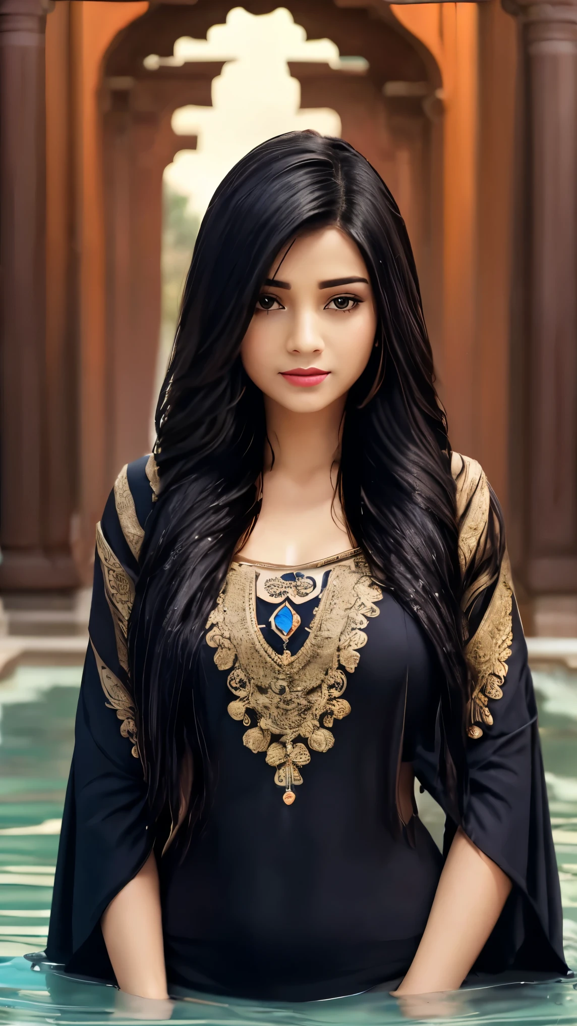 araffeed woman wit, very long very very wet flowing hair, really long, extremely long wet hair, extra long wet hair, elaborate long wett hairstyle, indian empress, elaborate long black wet hairstyle, long  wet hair, indian, long hairs, indian style, long long flowing hair, girl with super long hair, long hair shawl