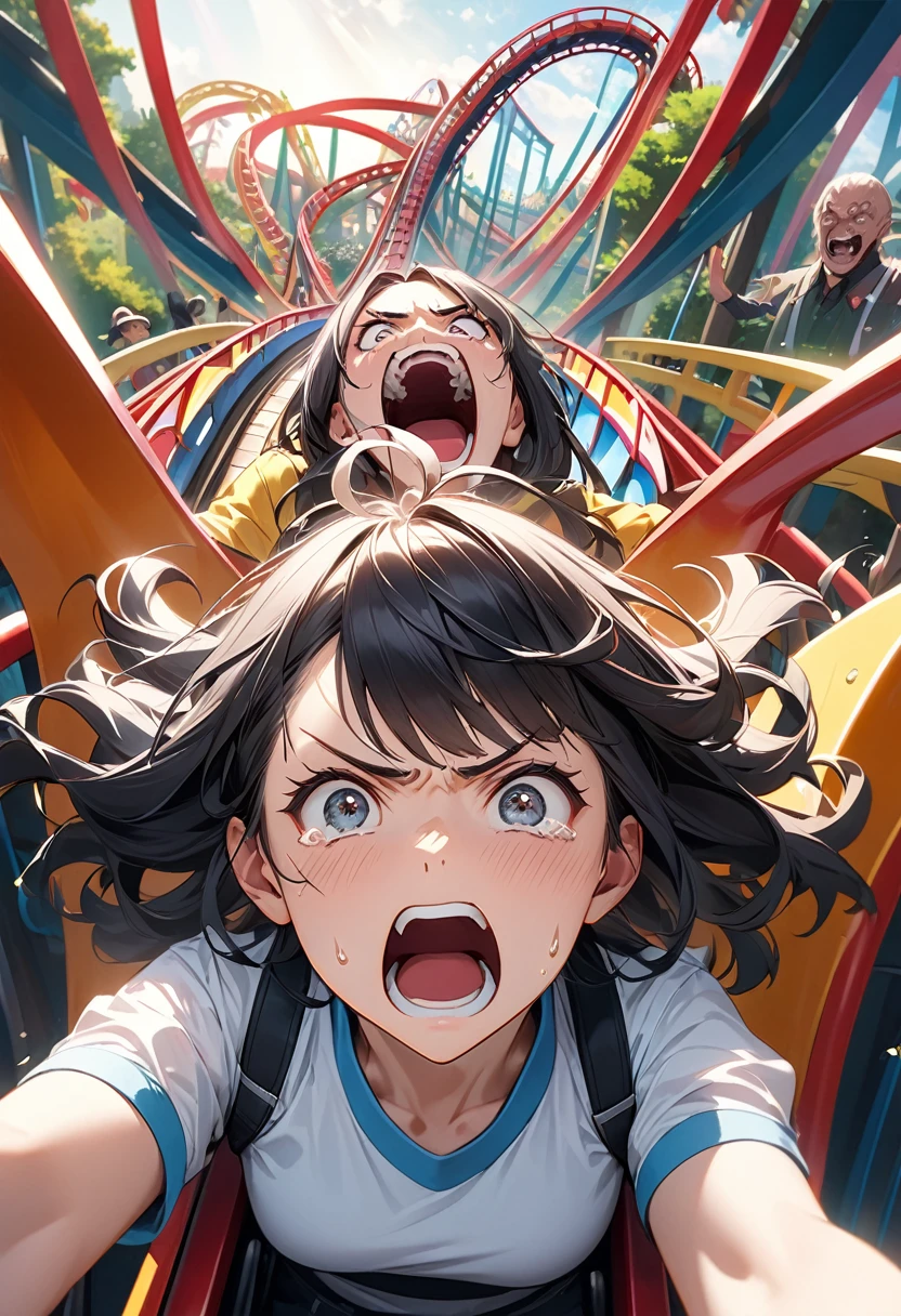 Front row ride on a roller coaster, A look of disgust, Glaring at the audience,
Woman lying face down, limp body, General Weaknesses,
Open your mouth, Tears flowing from my mouth, Expressions of joy, Horror, Suspense, A look of disgust,
Sweaty, Blake Look Up, A look of disgust,
Thrilling attractions, Extreme heat,
BREAK A background with a sense of speed that makes the subject stand out, amusement park, Elaborate, Real life roller coaster,
Female Dominance, Contemptuous Eyes, A look of disgust,
Dynamic wide-body shot, Ankles inside the frame,
BREAK Ultra-realism, Detailed and realistic skin texture, 細かくElaborate質感, 緻密でElaborate筆遣い, Detailed and vivid depiction, Anatomically correct, Absurd aesthetics,
Blake Dramatic Film Lighting,
Transparent full color, Realistic,
BREAK Redrawing the work into a vivid and lively piece, Highest qualityのレンダリング, Highest quality, Highest Resolution,