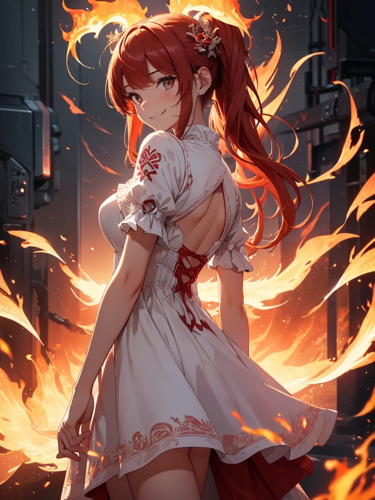 (((best quality, sharp image, clear image, cinematic lighting, 8k resolution, masterpiece, ultra detailed, intricate))) Girl, (((looking over left shoulder))), (shot from behind), ((shot from hip up)), fiery red hair, pigtails, ((white dress)), ((flaming sigils, flaming runes)), spiky rock formations, (flaming lotus flowers frame), (intricate background), ((Phoenix)), (swirling flames), smiling