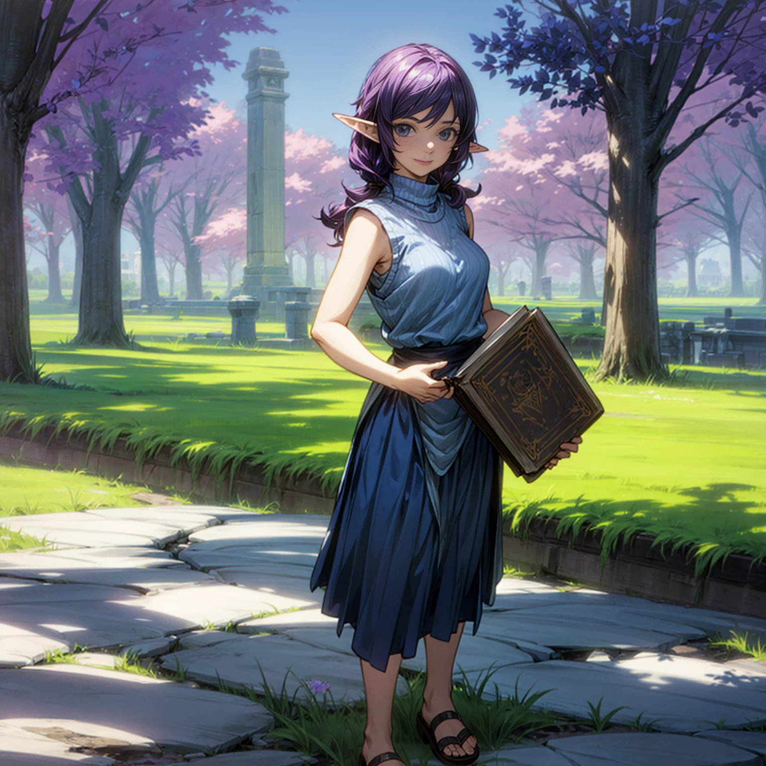 Solo character, full body version, kid girl, (elf), blue eyes, purple color hair, long Curly haircut, His hair covered his eyes, blue Sleeveless sweater, black short skirt, sandals, outdoor, town, medieval, detailed background, detailed clothing, detailed hair, standing gesture, smile mouth, book in hand, medium breast, (one piece style art), 