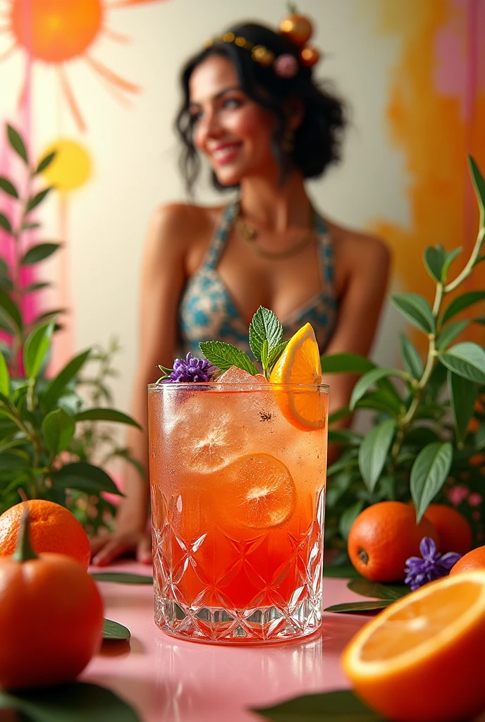 Create an image of a signature liquor presentation, but the presentation is of a glass with the liquor but that in its surroundings it has a presentation as well as a model but that has elements regarding the liquor, make it colorful, modern, youthful and that it has its ingredients 