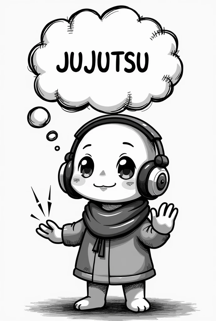 JUJUTSU KAİSEN, The words are wearing headphones. with a large thought bubble above their head.. Black and white background. 