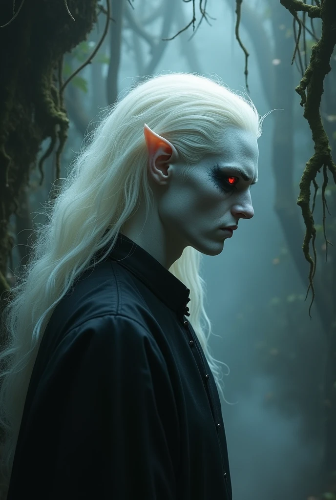 Profile of an albino demon, pale translucent skin, Platinum white hair, Red eyes, the sclera of your eye is black, is man, He is a dark guy