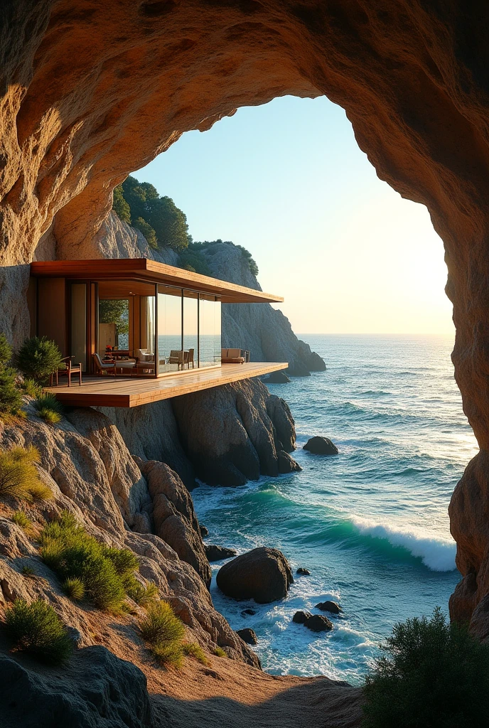 A house in a cave with an ocean view, Magnificent, very very realistic