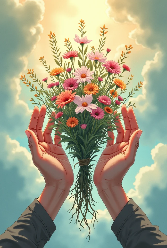 Open masculine hands with flowers and the roots wrapping around their fingers in anime style, with a title that says 'I will open my hands'. 
