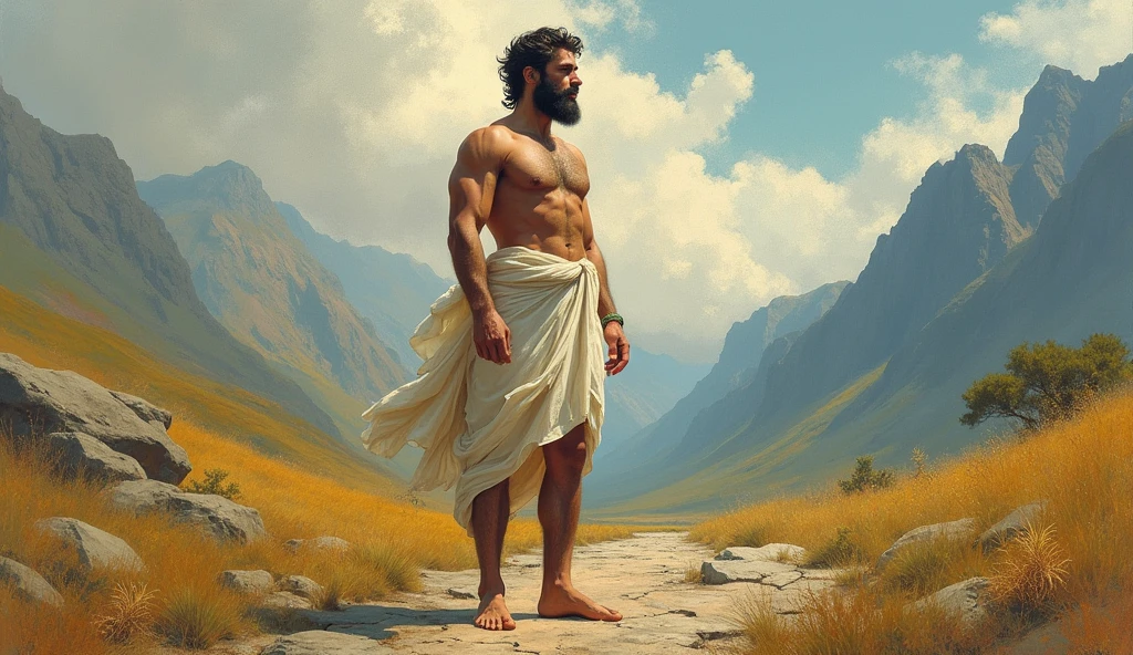 “A male stoic philosopher with a well-proportioned and attractive physique, not excessively muscular. He is wearing classic tunics, slightly transparent, that gently drape over his body, subtly revealing parts of his shoulder, with a very short and well-groomed beard, and wavy, well-stylised hair. He is depicted actively addressing a metaphorical representation of a problem, such as a symbolic crack or fissure, with a focused and determined expression. The scene is set in a vibrant, impressionist landscape with rich colors and dynamic brushstrokes, creating a sense of movement and emotion. The background has a subtle texture that adds depth but complements the text without overpowering it.”
