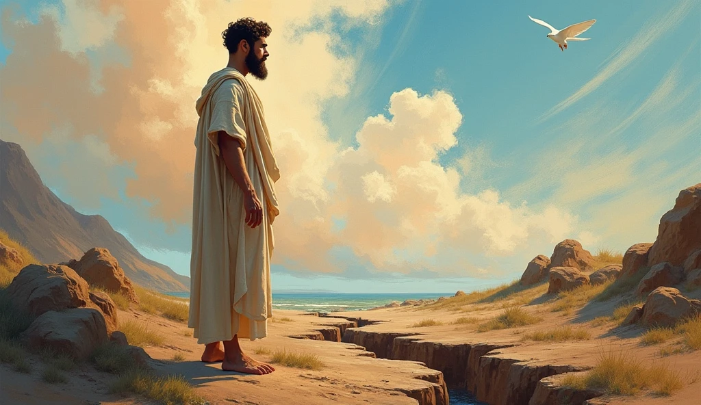 “A male stoic philosopher with a well-proportioned and attractive physique, not excessively muscular. He is wearing classic tunics, slightly transparent, that gently drape over his body, subtly revealing parts of his shoulder, with a very short and well-groomed beard, and wavy, well-stylised hair. He is depicted actively addressing a metaphorical representation of a problem, such as a symbolic crack or fissure, with a focused and determined expression. The scene is set in a vibrant, impressionist landscape with rich colors and dynamic brushstrokes, creating a sense of movement and emotion. The background has a subtle texture that adds depth but complements the text without overpowering it.”