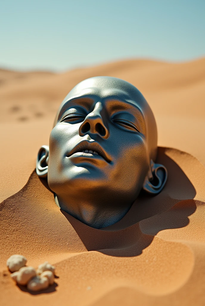 I want an image of a male head made of metal with closed eyes, scared abandoned , deteriorated and covered in sand in the surreal desert