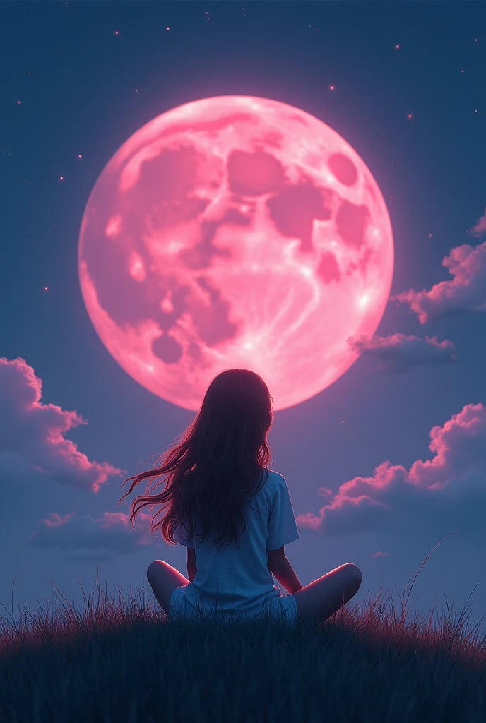 Pink moon on the sky behind sitting girl realistic image