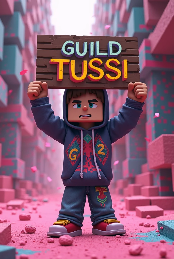 generate a minecraft steve (the skin) with street clothes flow.
holding a sign in the middle that says GUILD TUSSI in the middle and pink powders.