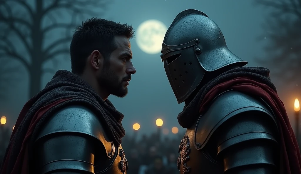 A highly realistic, high-contrast, 8K HD, detailed, hyper-detailed image depicting an intense standoff between the protagonist and the enemy general from the Lion army, set under the cover of night. The protagonist, a Crusader knight, is not wearing a helmet, revealing his determined and fierce expression as he faces his foe. The enemy general, clad in steel armor with a lion emblem and a helmet fully covering his face, stands directly opposite the protagonist, their faces inches apart in a tense and powerful confrontation. The scene is dimly lit by the faint light of the moon and stars, casting deep shadows and adding to the intensity of the moment. The atmosphere is charged with anticipation, as both warriors prepare for battle. The dramatic lighting highlights the detailed armor and the intense emotions of the scene, with the two figures locked in a moment of high tension. The image is of the highest quality, with ultra-high resolution, RAW photo quality, and Unreal Engine rendering, capturing the dramatic face-off between the protagonist and the enemy general under the night sky.