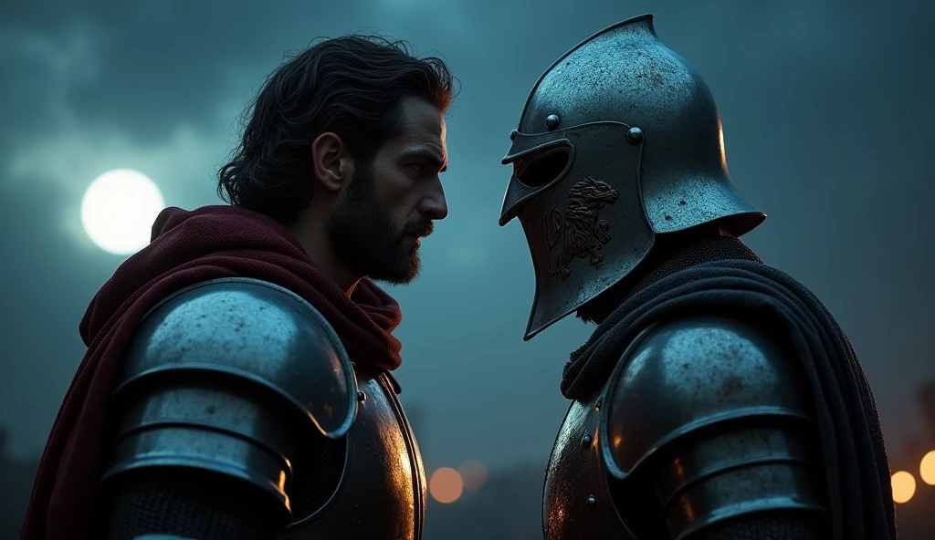 A highly realistic, high-contrast, 8K HD, detailed, hyper-detailed image depicting an intense standoff between the protagonist and the enemy general from the Lion army, set under the cover of night. The protagonist, a Crusader knight, is not wearing a helmet, revealing his determined and fierce expression as he faces his foe. The enemy general, clad in steel armor with a lion emblem and a helmet fully covering his face, stands directly opposite the protagonist, their faces inches apart in a tense and powerful confrontation. The scene is dimly lit by the faint light of the moon and stars, casting deep shadows and adding to the intensity of the moment. The atmosphere is charged with anticipation, as both warriors prepare for battle. The dramatic lighting highlights the detailed armor and the intense emotions of the scene, with the two figures locked in a moment of high tension. The image is of the highest quality, with ultra-high resolution, RAW photo quality, and Unreal Engine rendering, capturing the dramatic face-off between the protagonist and the enemy general under the night sky.
