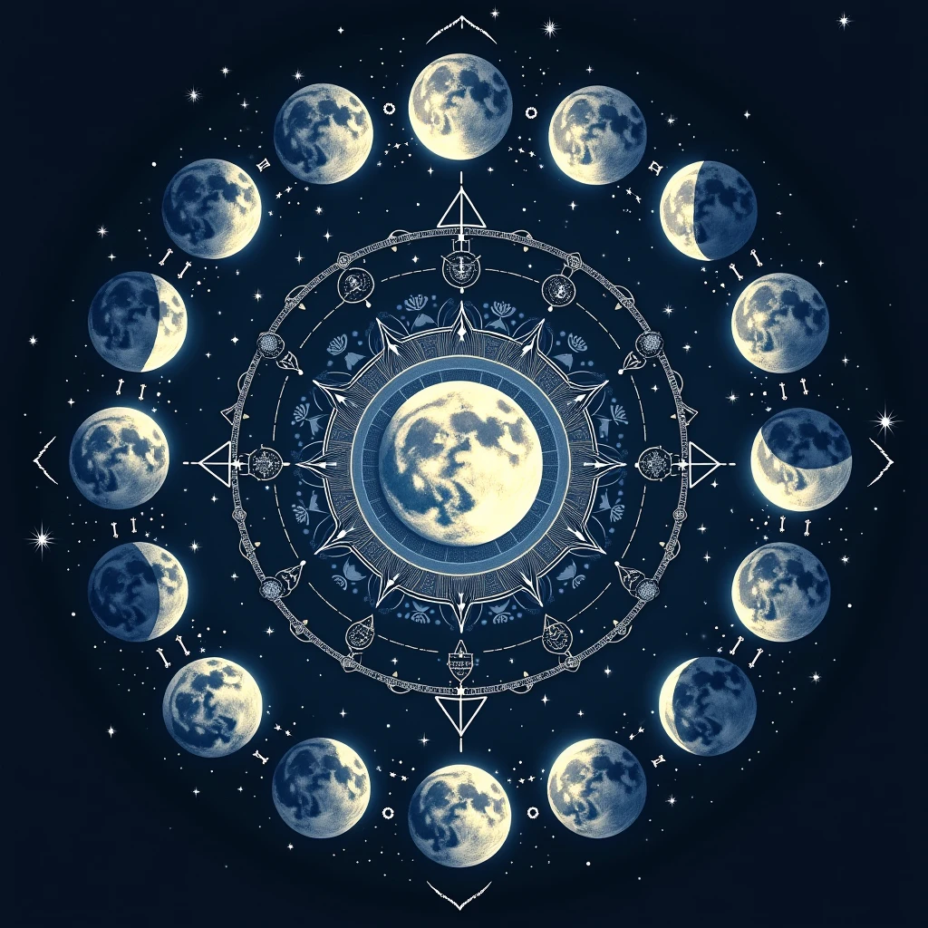 Create a high quality transparent png of "Mystical Moon Phases with Celestial Symbols" - A design featuring all phases of the moon, surrounded by intricate celestial patterns and mystical symbols.