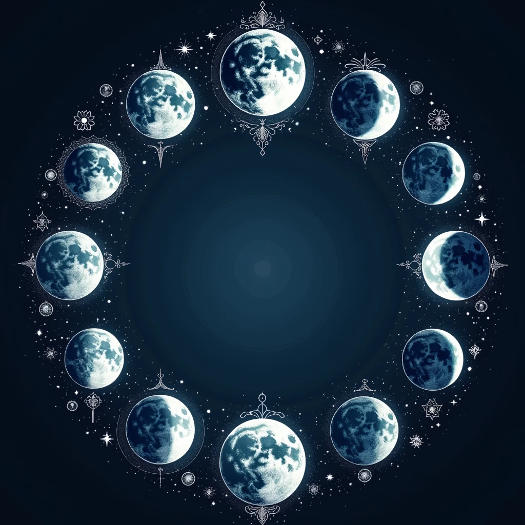Create a high quality transparent png of "Mystical Moon Phases with Celestial Symbols" - A design featuring all phases of the moon, surrounded by intricate celestial patterns and mystical symbols.