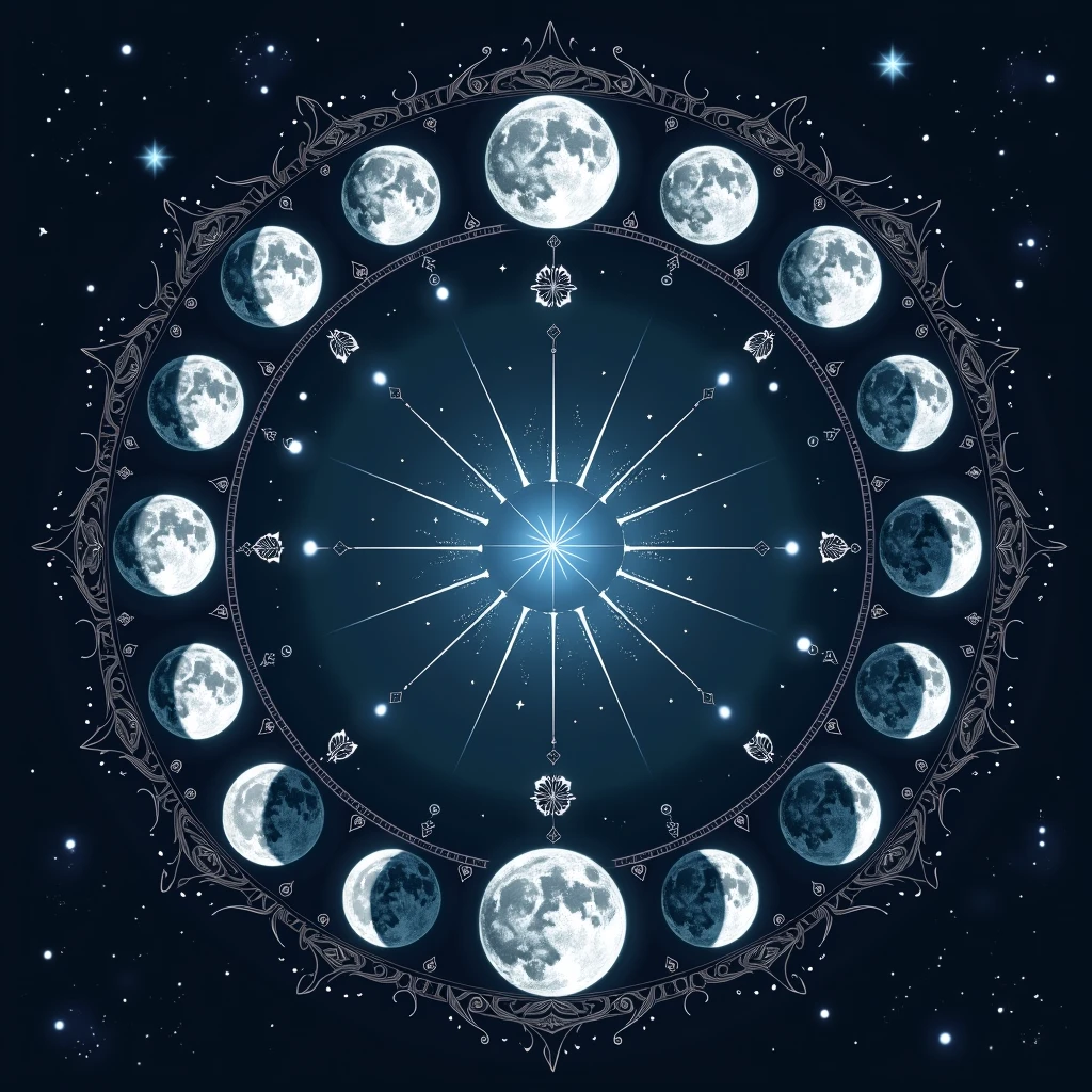 Create a high quality transparent png of "Mystical Moon Phases with Celestial Symbols" - A design featuring all phases of the moon, surrounded by intricate celestial patterns and mystical symbols.