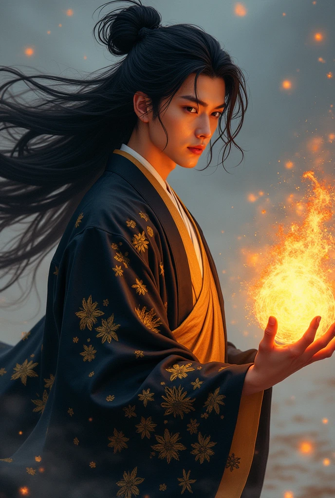 black haired, cold looking man, black eyes, long hair flying in the wind, majestic features, wearing a black and gold kimono, holding a glowing ball of fire in his hand, novel cover.