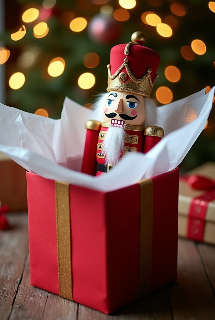 An open gift box seen from above with a nutcracker inside