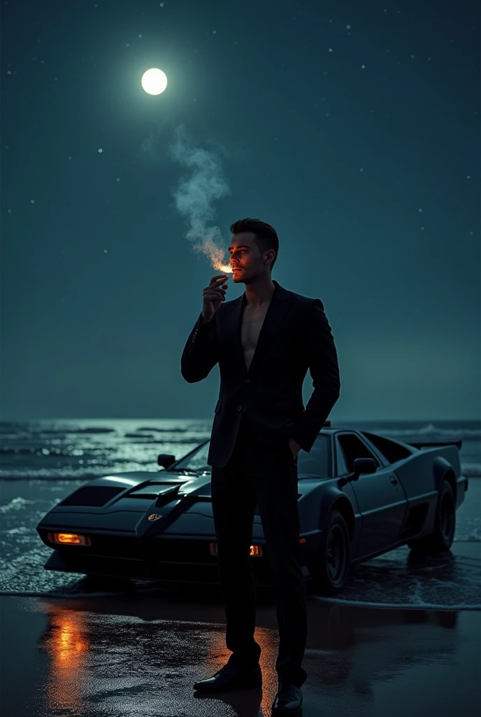 muscular man wearing black suit, smoking cigarette, with batmobile,on the beach,late night