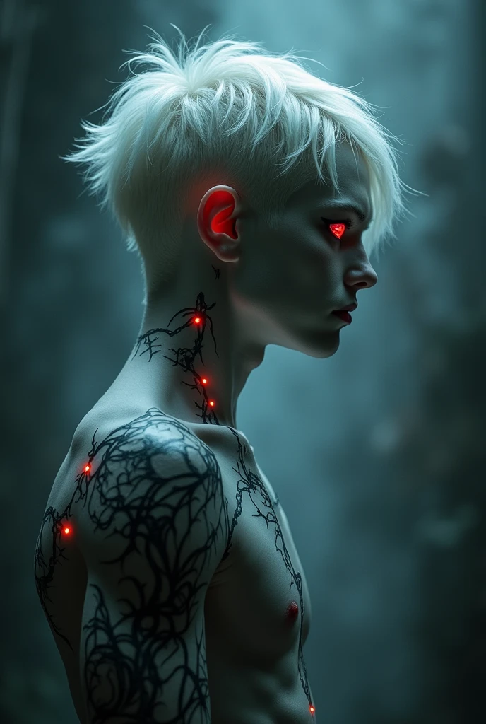 Profile of an albino demon, pale translucent skin, short platinum blonde hair, Red eyes, the sclera of your eye is black, is man, He is a dark guy