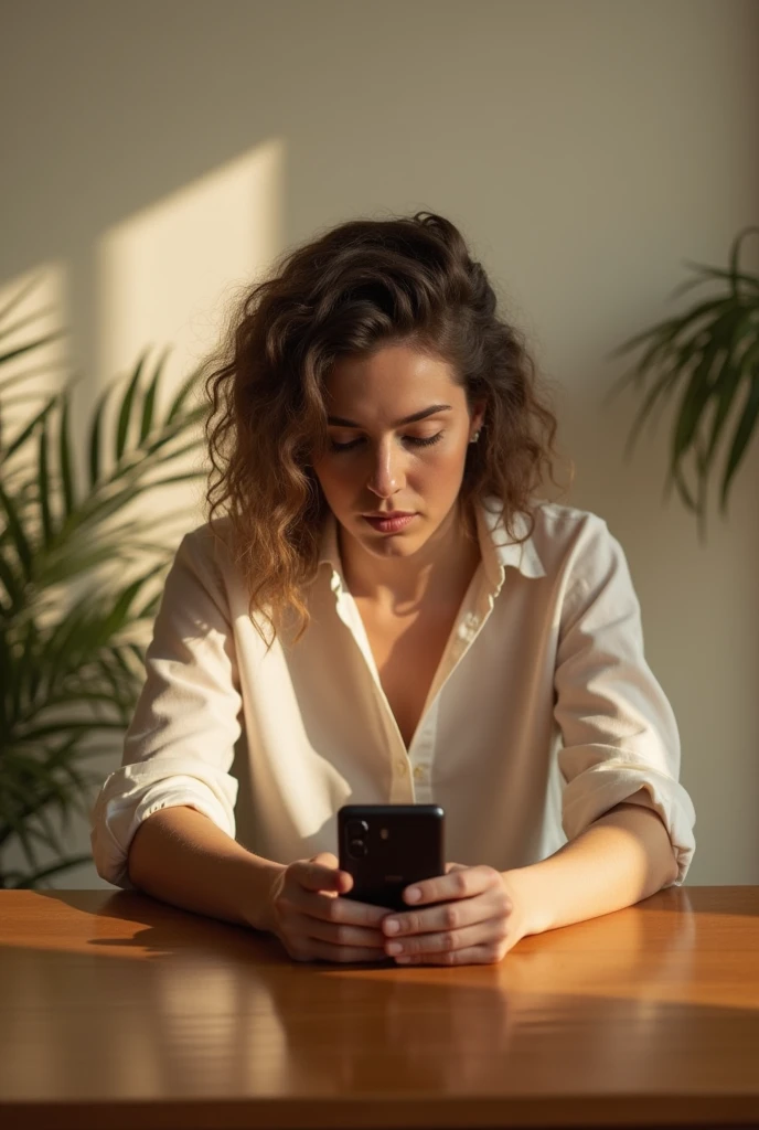 A person setting their smartphone aside on a table with a determined expression, symbolizing taking back control. The scene is calm, with warm lighting, representing a sense of relief and freedom