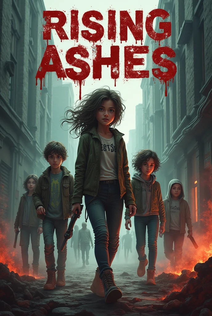Create a book cover for Rising Ashes that’s about teenagers who are trying to survive a zombie apocalypse