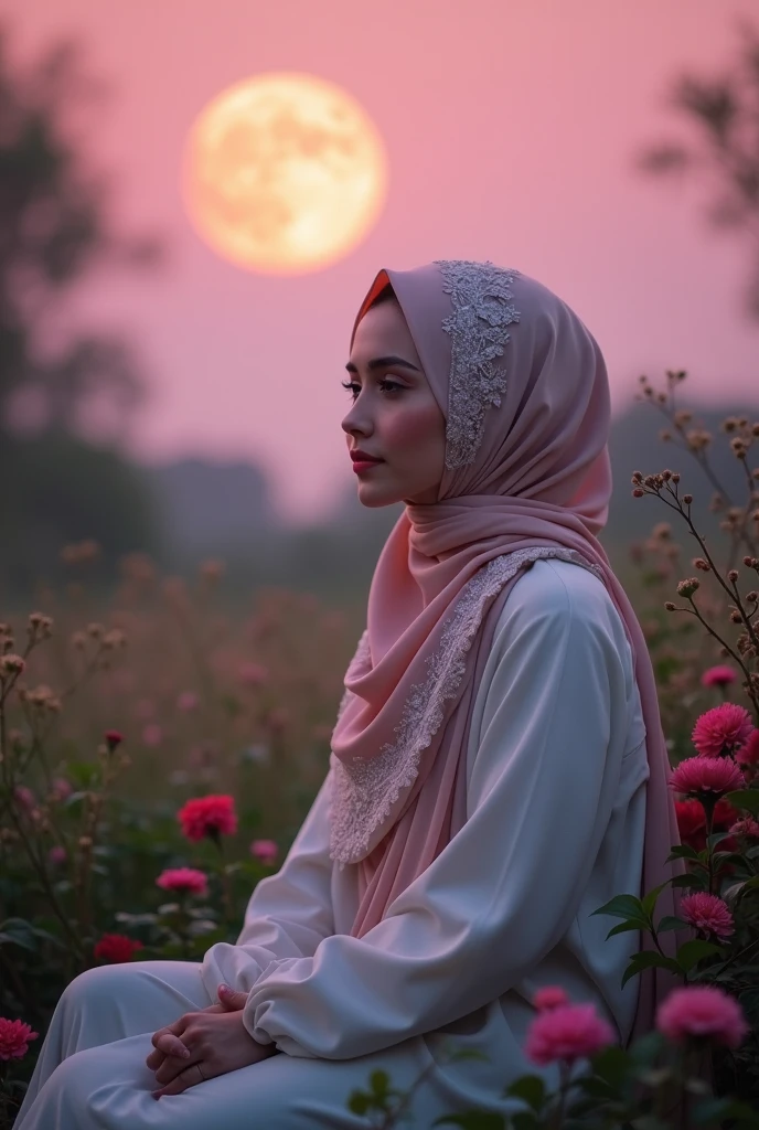 Pink moon on the sky behind sitting beautiful Muslim girl