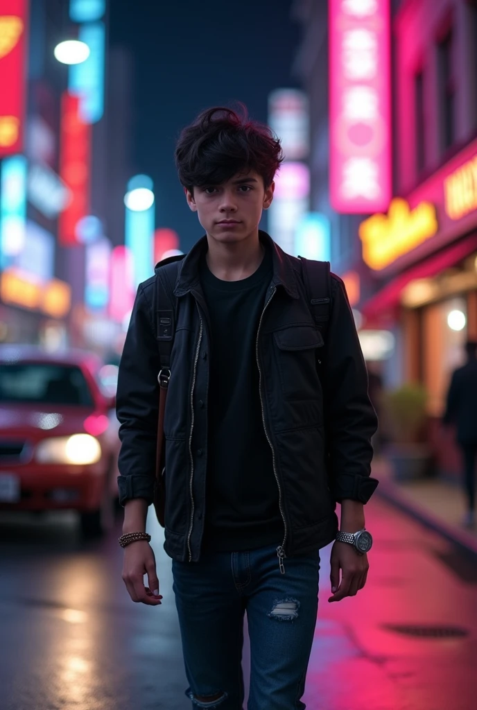 A teen boy is walking straight in the city rood at night. He is wearing a black jacket jeans hand watch and shoe. He has a bag in shoulder. His hair color is black. He has a little Beard in face. His whole body is visible. The background of the pic is of a city road in night time . He is a teenager boy