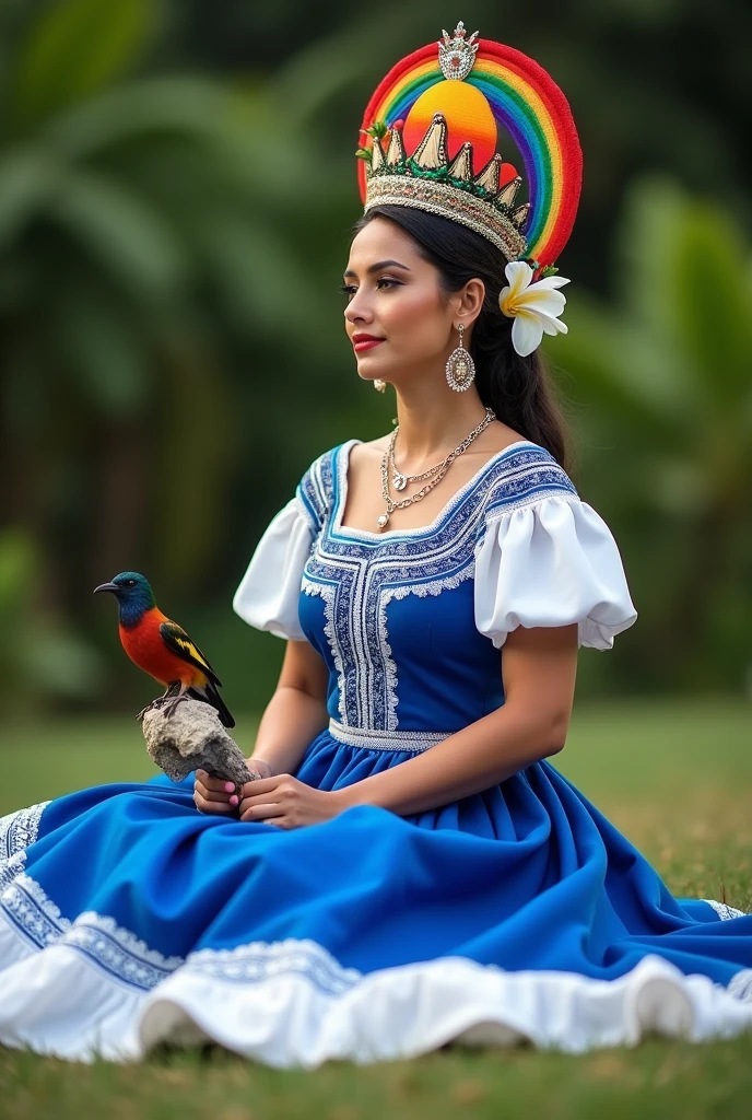 Create a beautiful full-body woman sitting wearing the traditional dress of Nicaragua with the flag on the dress, reading the national anthem of Nicaragua with the national bird the guardabarranco or torogoz in his hands and the sacuanjoche flower in his ear and a crown in the shape of the national coat of arms of Nicaragua, the flag of Nicaragua is blue and white and the coat of arms is triangular with 5 volcanoes a red sun and above a rainbow and below the volcanoes a lake