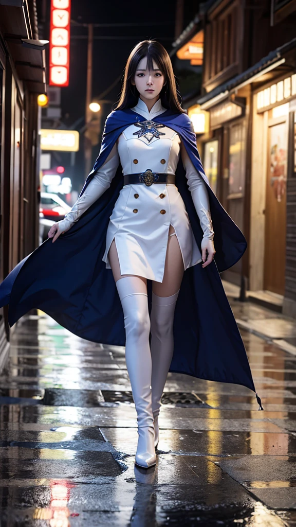 South korea asssassin's creed walk women mystery hooded on with modern royal Blue coat with long and wide sleeves with buttons and royal Blue cape and very high white heel over the knee and white gloves, As she reveals a small secret hidden blade coming from his palm , adding to the characters mysterious, with small movements of air on the cape, in summer at night under the rain, with buildings featuring curved eaves and detailed architecture. sophisticated and highly detailed, ultra hd, realistic, hyper detailed, enhanced colours, ultra sharp focus, with vibrant, rich in details High quality, gorgeous, captivating, 8k, super detailed, stunning shadows, detailed lines, blood stain on coat and gloves, corpses in the street recently murdered