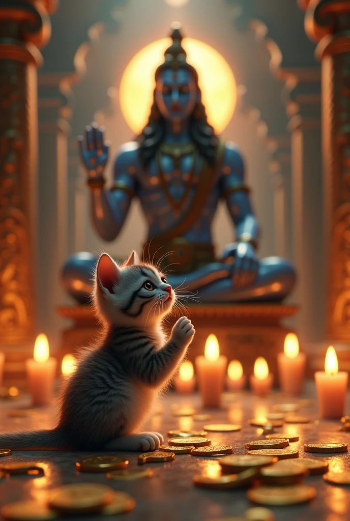 (photorealism:1.2), cute miniature cat praying to lord shiva, temple full of gold coins and bars.