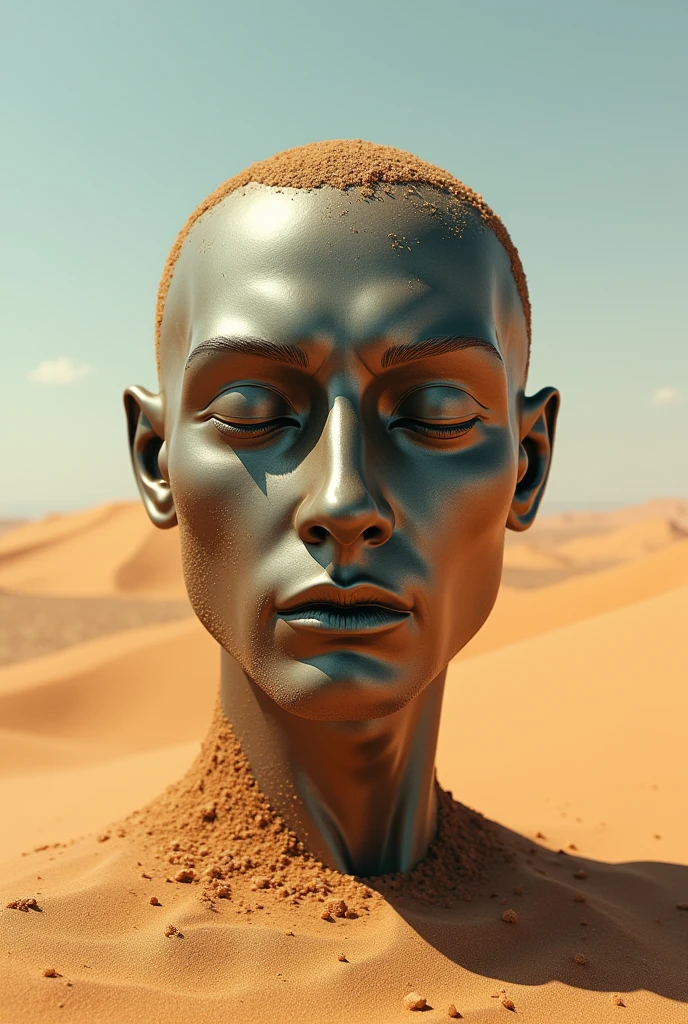 I want an image of a male head made of metal with closed eyes, surprised abandoned , deteriorated and covered in sand in the surreal desert