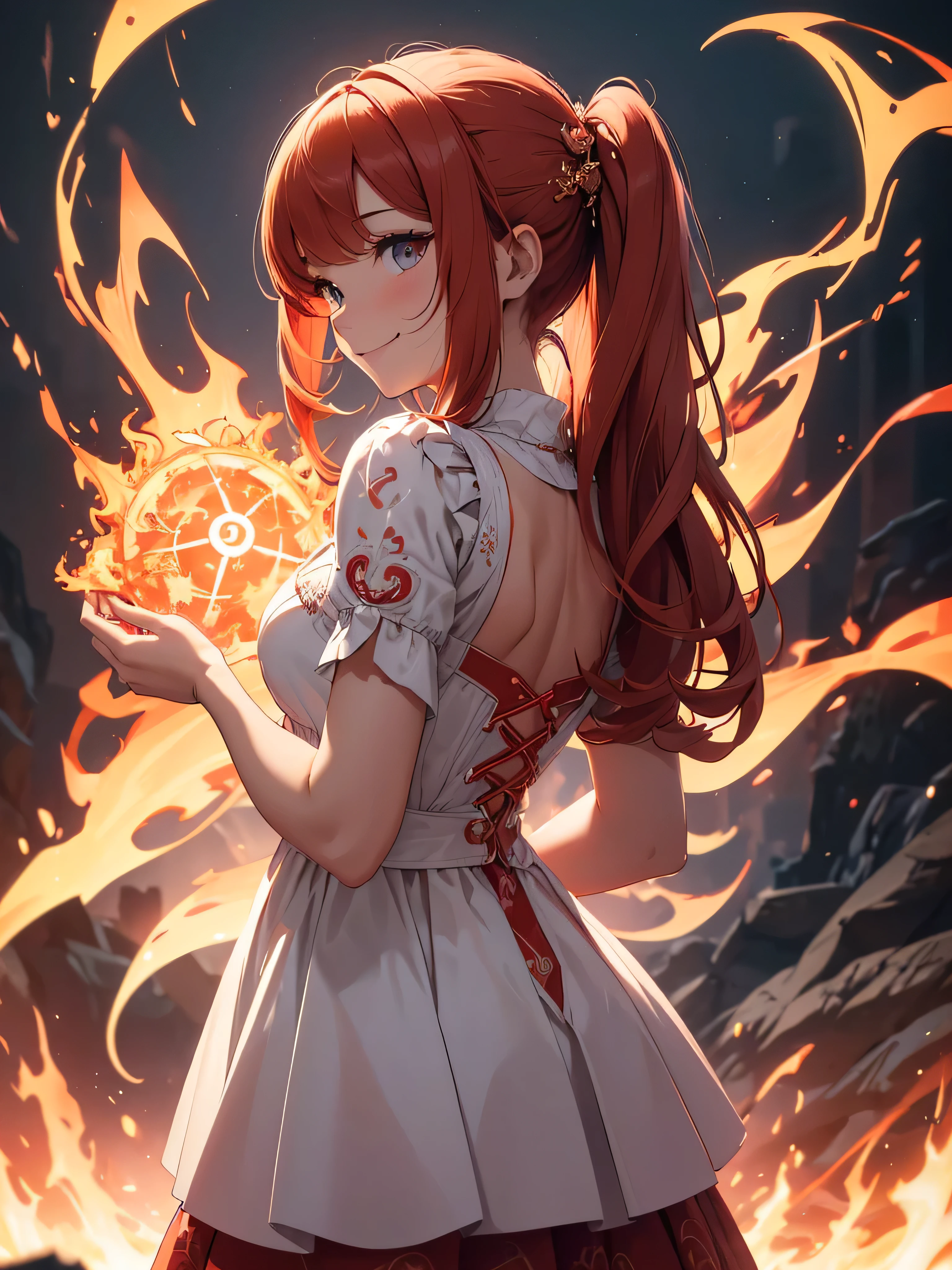 (((best quality, sharp image, clear image, cinematic lighting, 8k resolution, masterpiece, ultra detailed, intricate))) Girl, (((looking over left shoulder))), (shot from behind), ((shot from hip up)), fiery red hair, pigtails, ((white dress)), ((flaming sigils, flaming runes)), spiky rock formations, (flaming lotus flowers frame), (intricate background), ((Phoenix)), (swirling flames), smiling