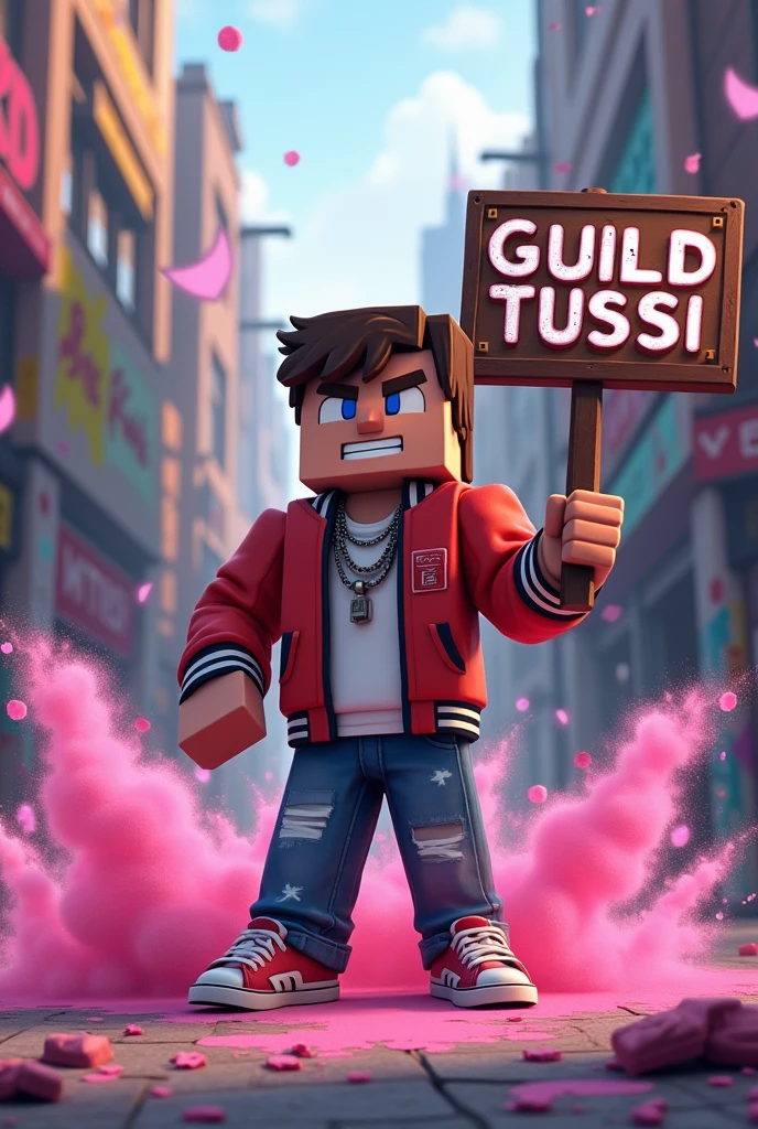 generate a minecraft steve (the skin) with street clothes flow.
holding a sign in the middle that says GUILD TUSSI in the middle and pink powders.