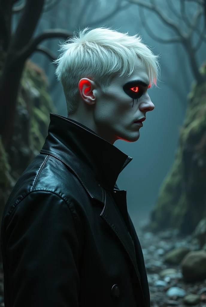 Profile of an albino demon, pale translucent skin, short platinum blonde hair, Red eyes, the sclera of your eye is black, is man, He is a dark guy 