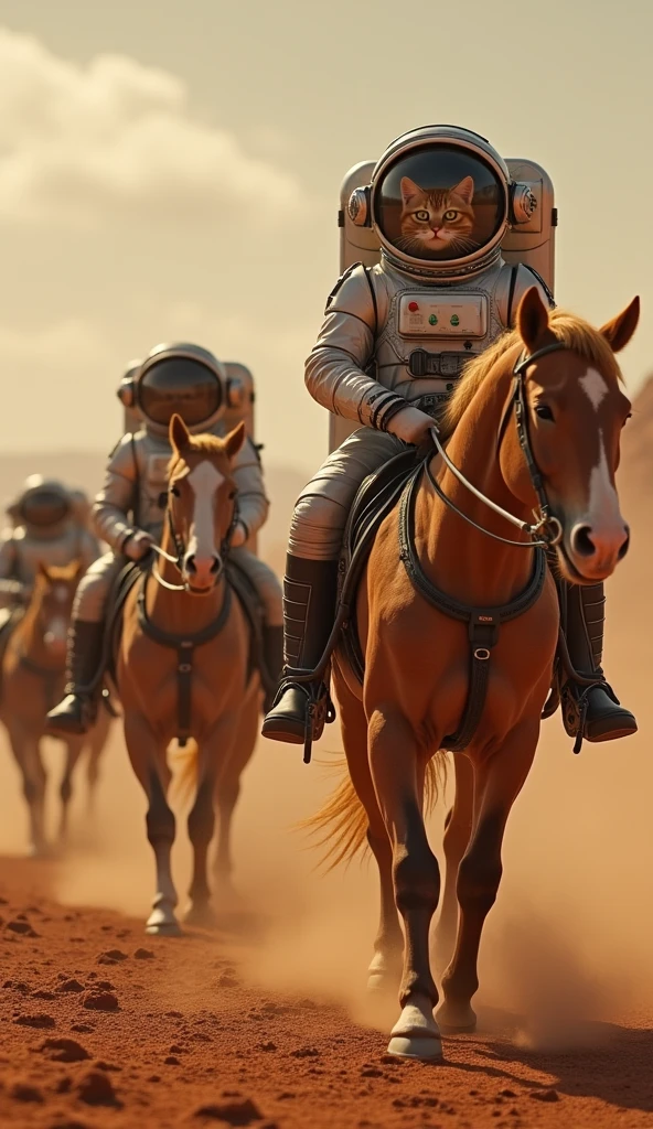 Quality of Photo ultra-real ((Cat 3 horses)) astronaut cat EXPLORATION OF MARS ((Spaceship repair)middle)) touch here Similar to Armageddon