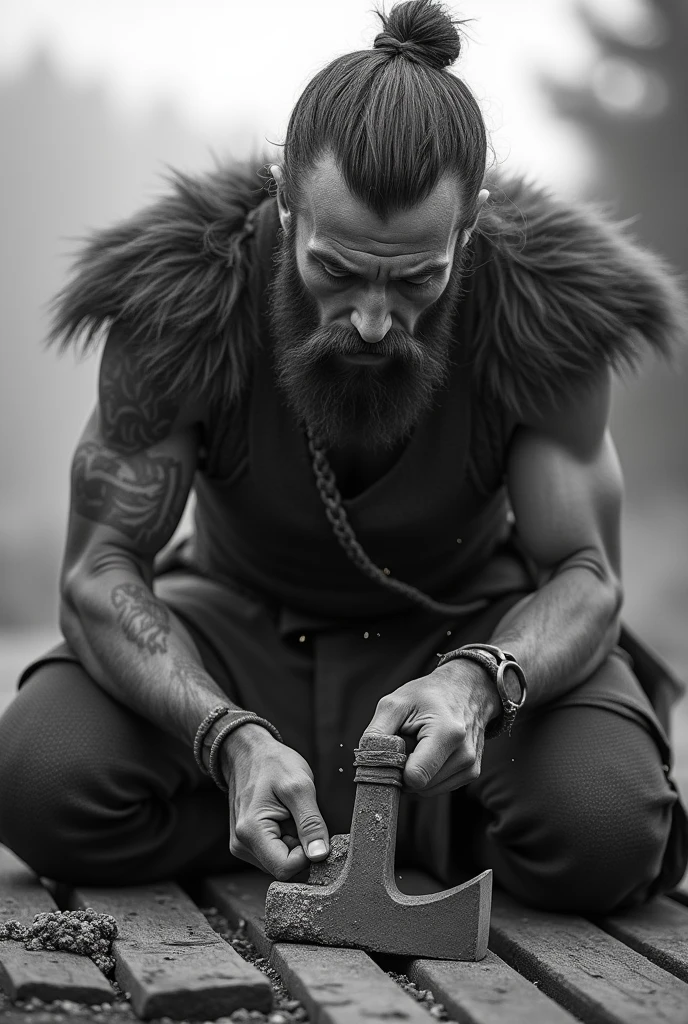 A Viking sharpening his axe with a stone Show him passing the stone over the axe to sharpen it Now put the image in black and white So I can tattoo it 