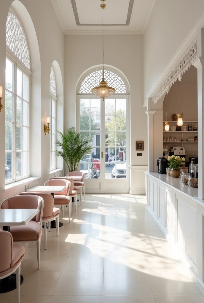 Could you design my dream coffee shop with realistic images, where the main color is white, I want the place to be spacious with latticework, the chairs and cabinets are cushioned, I want a modern concept, with LED lights throughout and it's called argenacob