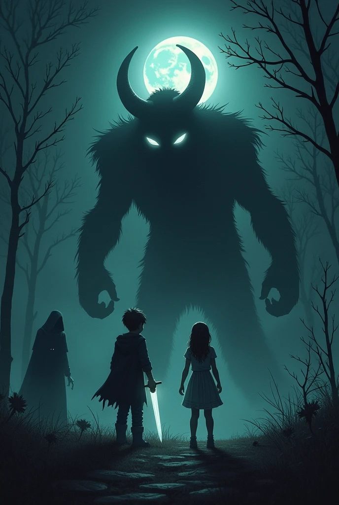 A dagger, A boy, a girl, a monster, grim reaper, heroism,abdomen,dark night