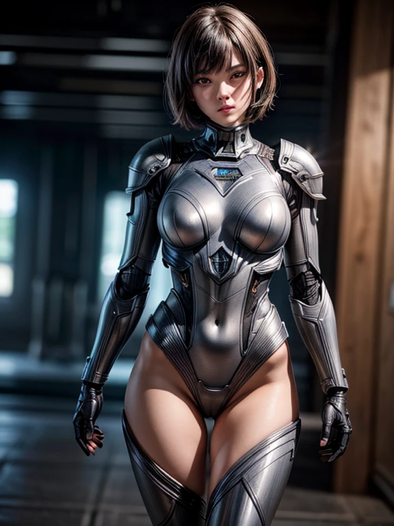 masterpiece, best quality, ultra realistic, hyper-detailed, 8k resolution, RAW photo, sharp focus, (1girl), solo, gorgeous face, slim body, Firm chest,  female, 15yoortrait, mecha, dark grey armor, nanosuit, sexy, short hair, cinematic, butt, Buttocks, cinematic light, dark theme