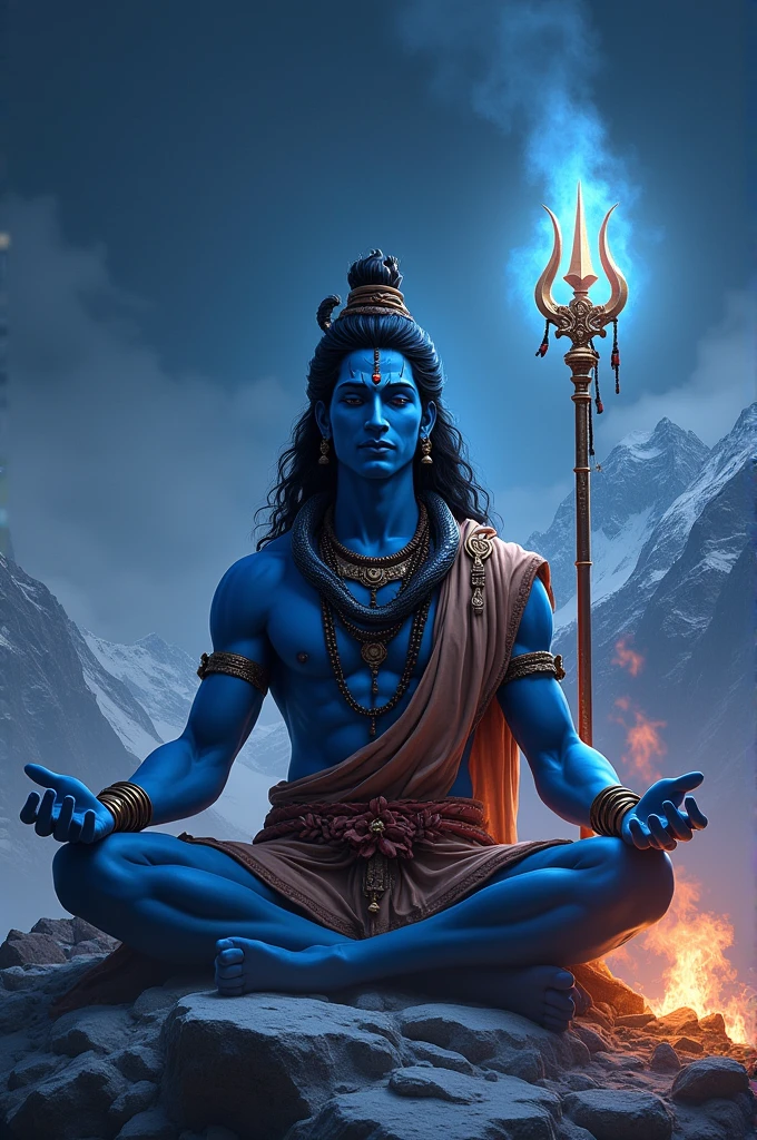 a man (fit big body ,blue body, head's eye,goddess cloth , background head lite,near stand trident,fire)sitting on mountain flight shiva, lord shiva, god shiva the destroyer, hinduism, hindu gods, neck around snake , devainart, by Max Dauthendey, shakti, beautiful depiction, goddess art, inspired by Kailash Chandra Meher, hindu art, hindu god, nirvana, vish ,devi Parvati and bhagavan shiv shankar (hindu)
,dark maditation position