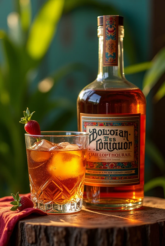 Create an image of a signature liquor presentation, but the presentation is of a glass with the liquor but that in its surroundings it has a presentation as well as a model but that has elements regarding the liquor, make it colorful, modern, youth and that has a list of its ingredients, and that it has a concept regarding Bolivia and that it is called the Bolivian union