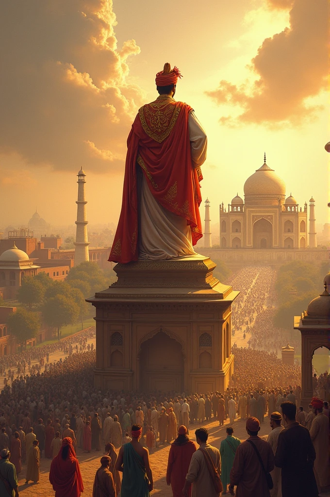 A majestic portrait of Emperor Akbar looking over a modern cityscape from a historical monument, as if watching over the people. The city below should show people of different faiths living and working together in harmony, symbolizing Akbar's enduring legacy. The sky above could have a soft golden hue, representing the inspiration drawn from his vision